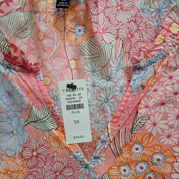 New! Talbots Shirt Womens 1X Vibrant Floral Ruffle Trim Split Neck Cotton Top - Picture 10 of 13